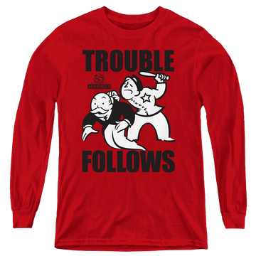 Red youth long sleeve t-shirt with Monopoly Trouble Follows graphic