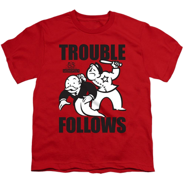 Red youth t-shirt for ages 8 to 12 with Monopoly Trouble Follows graphic