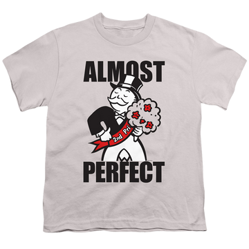 Silver youth t-shirt for ages 8 to 12 with Monopoly Almost Perfect Evergreen graphic