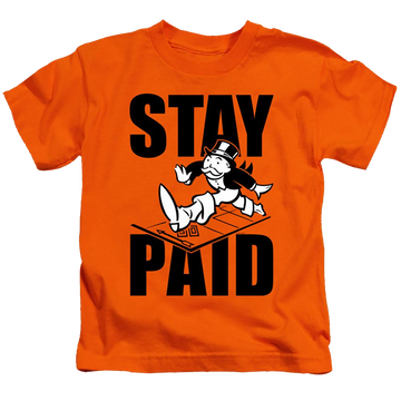 Orange kid's t-shirt for ages 4 to 7 with Monopoly Stay Paid Evergreen graphic