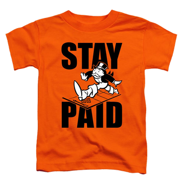 Orange toddler t-shirt with Monopoly Stay Paid Evergreen graphic