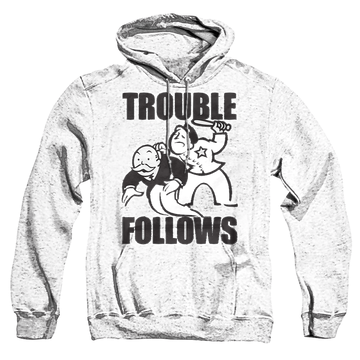 Red pullover hoodie with Monopoly Hasbro Trouble Follows Evergreen graphic