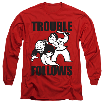 Red men's long sleeve t-shirt with Monopoly Hasbro Trouble Follows Evergreen graphic