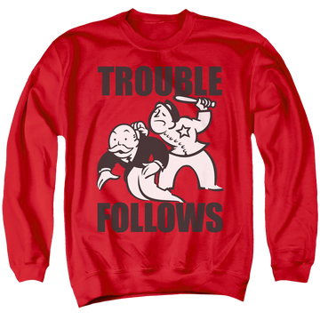 Red men's crewneck sweatshirt with Monopoly Hasbro Trouble Follows Evergreen graphic