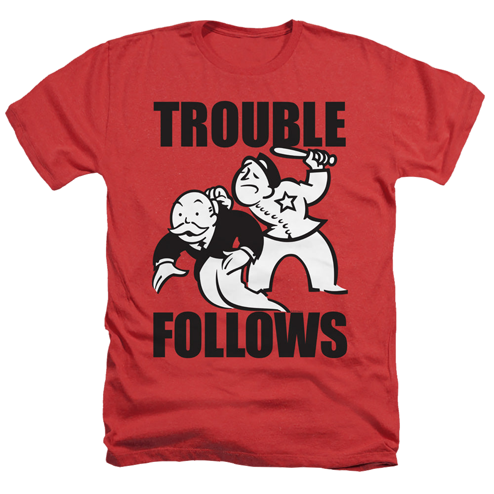 Hasbro Trouble Follows Evergreen - Men's Heather T-Shirt Men's Heather T-Shirt Monopoly   
