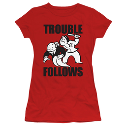 Hasbro Trouble Follows Evergreen - Juniors T-Shirt Juniors T-Shirt Monopoly   