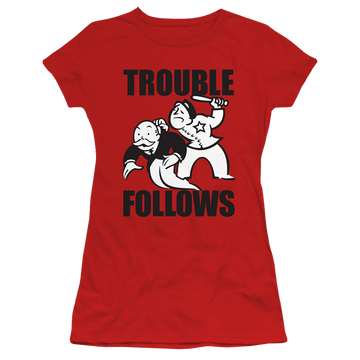 Red juniors t-shirt with Monopoly Hasbro Trouble Follows Evergreen graphic