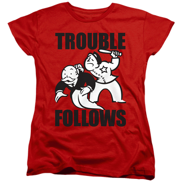 Red women's t-shirt with Monopoly Hasbro Trouble Follows Evergreen graphic