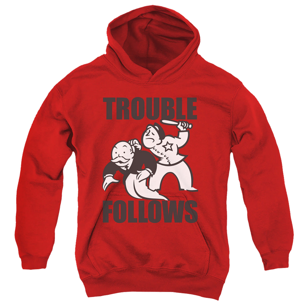 Hasbro Trouble Follows Evergreen - Youth Hoodie Youth Hoodie (Ages 8-12) Monopoly   