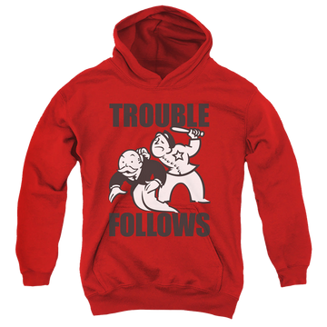 Red youth hoodie for ages 8 to 12 with Monopoly Hasbro Trouble Follows Evergreen graphic