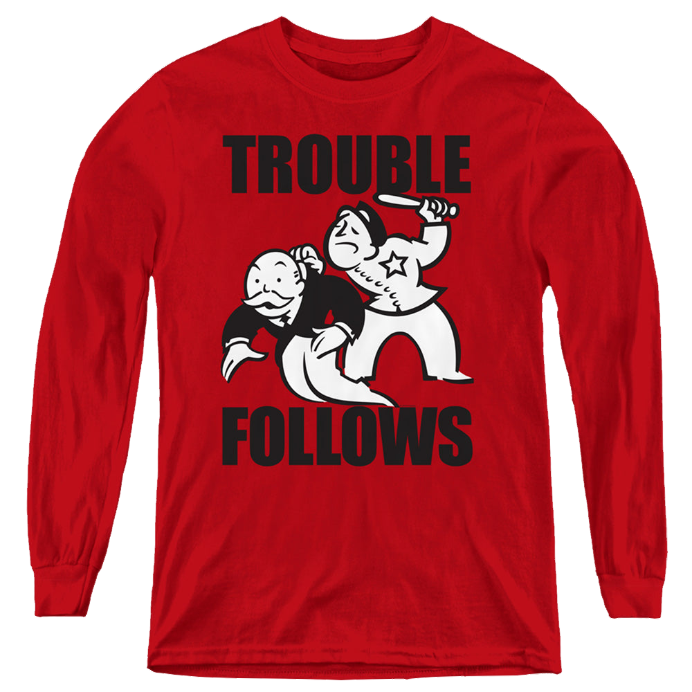 Hasbro Trouble Follows Evergreen - Youth Long Sleeve T-Shirt Youth Long Sleeve T-Shirt Monopoly   