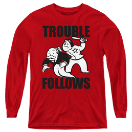 Hasbro Trouble Follows Evergreen - Youth Long Sleeve T-Shirt Youth Long Sleeve T-Shirt Monopoly   