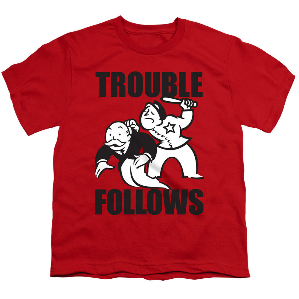 Hasbro Trouble Follows Evergreen - Youth T-Shirt Youth T-Shirt (Ages 8-12) Monopoly   