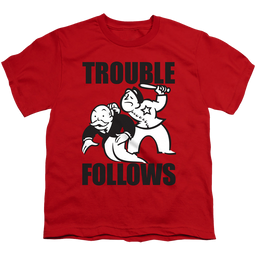 Hasbro Trouble Follows Evergreen - Youth T-Shirt Youth T-Shirt (Ages 8-12) Monopoly   