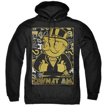 Black pullover hoodie with Monopoly Own It All graphic