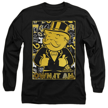 Black men's long sleeve t-shirt with Monopoly Own It All graphic