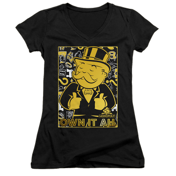 Black juniors v-neck t-shirt with Monopoly Own It All graphic