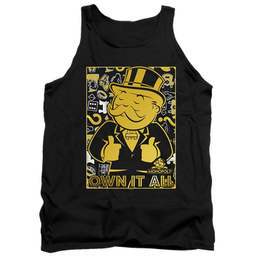 Black men's tank with Monopoly Own It All graphic