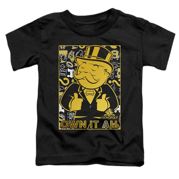 Black toddler t-shirt with Monopoly Own It All graphic