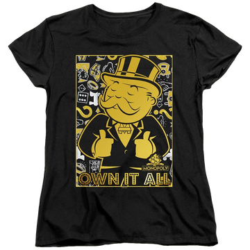 Black women's t-shirt with Monopoly Own It All graphic