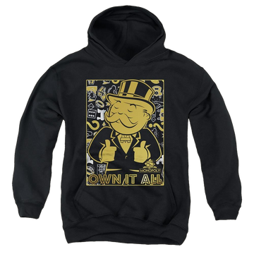 Black youth hoodie for ages 8 to 12 with Monopoly Own It All graphic