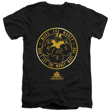 Black men's v-neck t-shirt with Monopoly Make The Money graphic