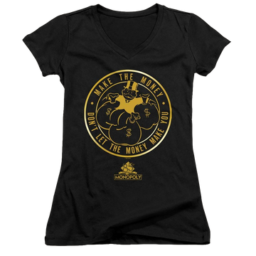 Black juniors v-neck t-shirt with Monopoly Make The Money graphic