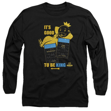Black men's long sleeve t-shirt with Monopoly Its Good To Be King graphic