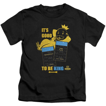 Black kid's t-shirt for ages 4 to 7 with Monopoly Its Good To Be King graphic