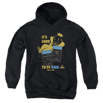 Black youth hoodie for ages 8 to 12 with Monopoly It's Good To Be King graphic