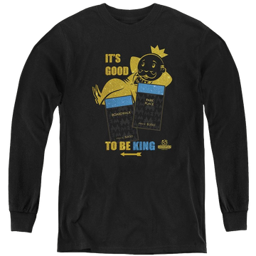 Black youth long sleeve t-shirt with Monopoly It's Good To Be King graphic