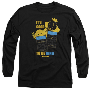 Black men's long sleeve t-shirt with Monopoly Its Good To Be King No Logo graphic
