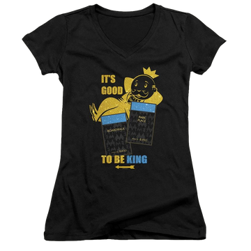 Black juniors v-neck t-shirt with Monopoly It's Good To Be King No Logo graphic
