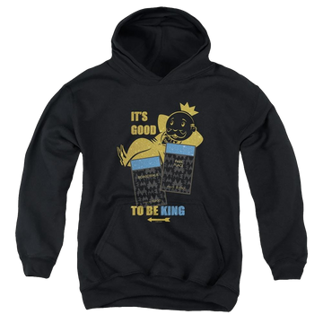 Black youth hoodie for ages 8 to 12 with Monopoly Its Good To Be King No Logo graphic