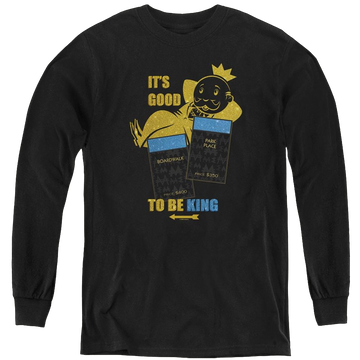 Black youth long sleeve t-shirt with Monopoly Its Good To Be King No Logo graphic