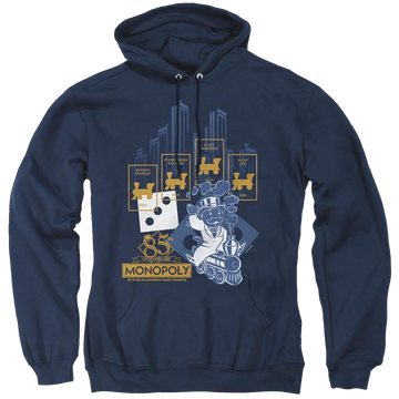 Navy pullover hoodie with Monopoly The True Railroad Tycoon graphic