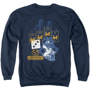 Navy men's crewneck sweatshirt with Monopoly The True Railroad Tycoon graphic