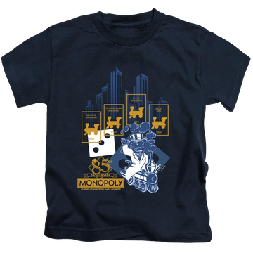 Navy kid's t-shirt for ages 4 to 7 with Monopoly The True Railroad Tycoon graphic