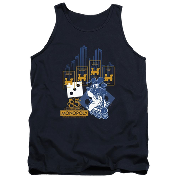 Navy men's tank with Monopoly The True Railroad Tycoon graphic