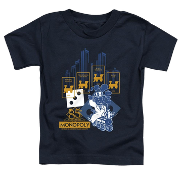 Navy toddler t-shirt with Monopoly The True Railroad Tycoon graphic