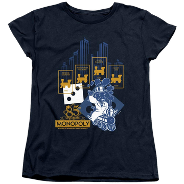 Navy women's t-shirt with Monopoly The True Railroad Tycoon graphic
