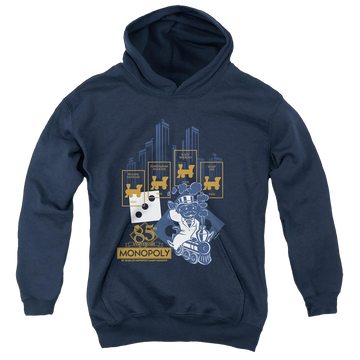 Navy youth hoodie for ages 8 to 12 with Monopoly The True Railroad Tycoon graphic