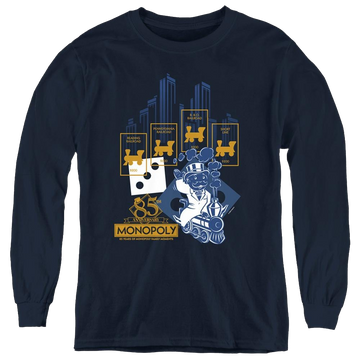 Navy youth long sleeve t-shirt with Monopoly The True Railroad Tycoon graphic