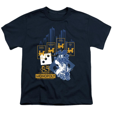 Navy youth t-shirt for ages 8 to 12 with Monopoly The True Railroad Tycoon graphic
