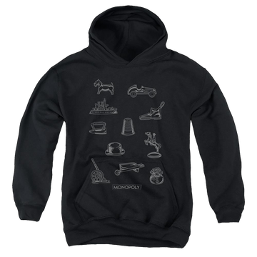 Black youth hoodie for ages 8 to 12 with Monopoly Token graphic
