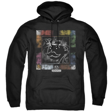Black pullover hoodie with Monopoly Dusty Game Board graphic