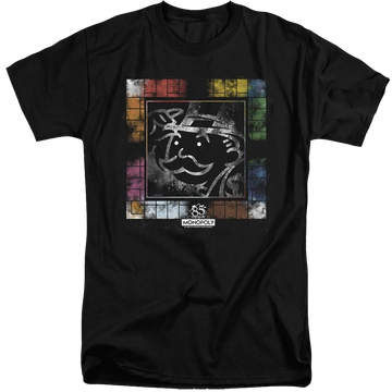 Black men's tall fit t-shirt with Monopoly Dusty Game Board graphic