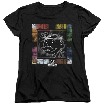 Black women's t-shirt with Monopoly Dusty Game Board graphic