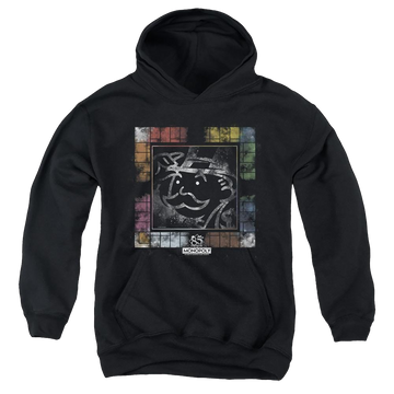 Black youth hoodie for ages 8 to 12 with Monopoly Dusty Game Board graphic