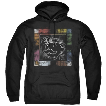 Black pullover hoodie with Monopoly Dusty Game Board No Logo graphic